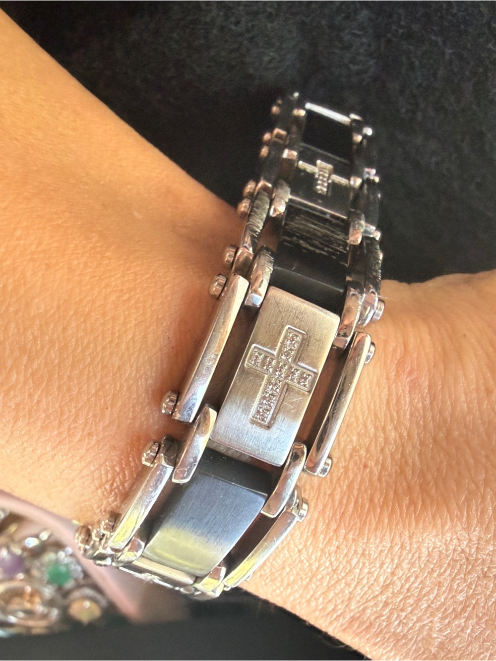 VTG Cross Link Bracelet in Black and Silver Stainless Steel Diamond - Picture 11 of 17